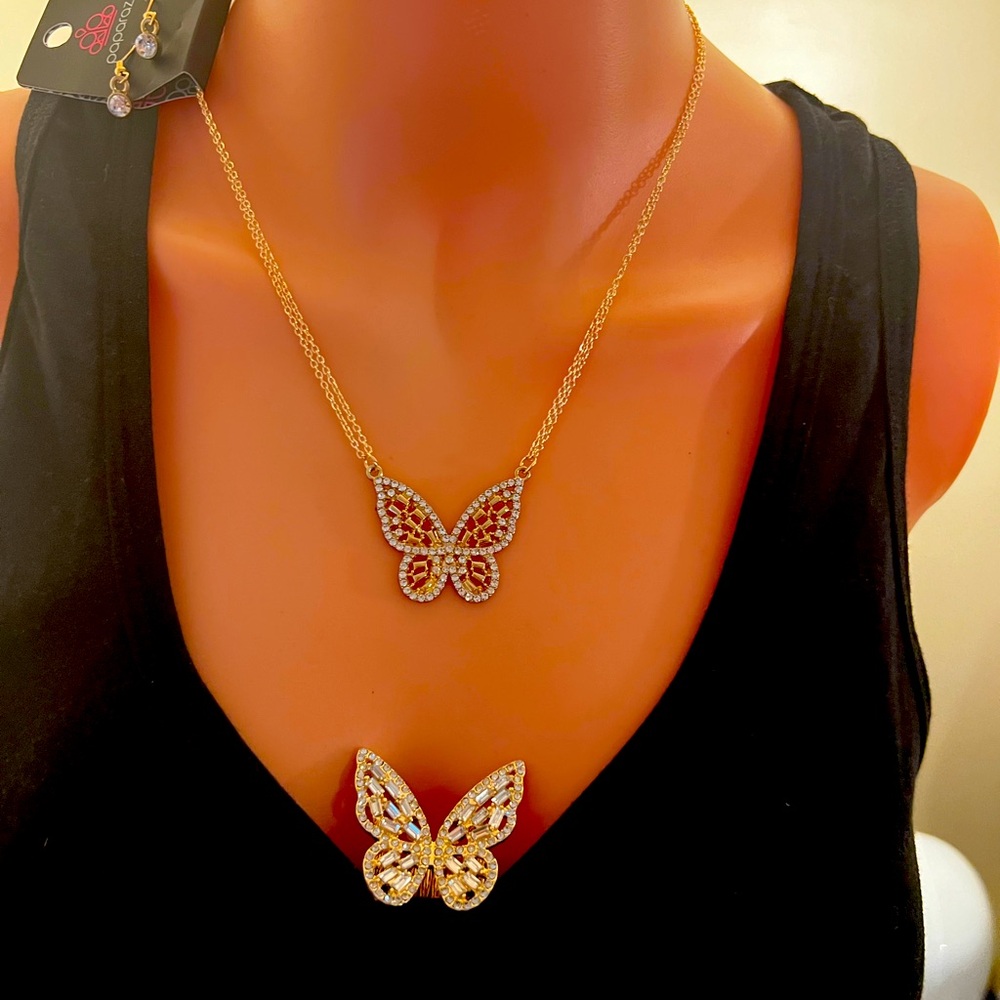 Beautiful Gold and Rhinestone Butterfly Matching Necklace and Ring